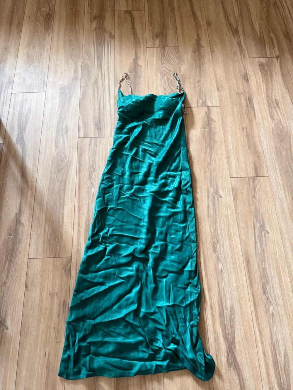 Meshki Teal Satin Midi Slip Dress with Chain Straps *broken strap*
